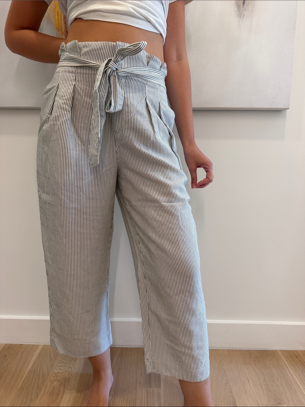 Club Monaco White and Gray Pinstripe Paperbag Waist Cropped Pants